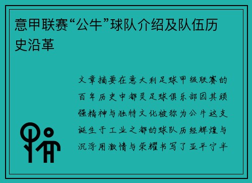 意甲联赛“公牛”球队介绍及队伍历史沿革
