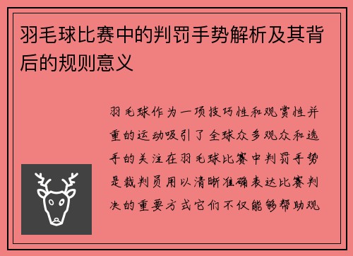 羽毛球比赛中的判罚手势解析及其背后的规则意义